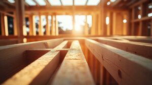 Construction workers framing the wooden structure of a new house on a sunny day.